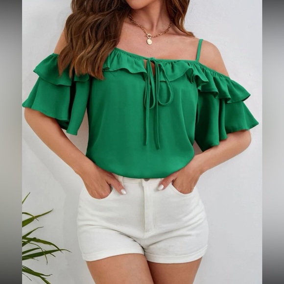 Boho cold shoulder knot front ruffle hem blouse - Picture 10 of 16